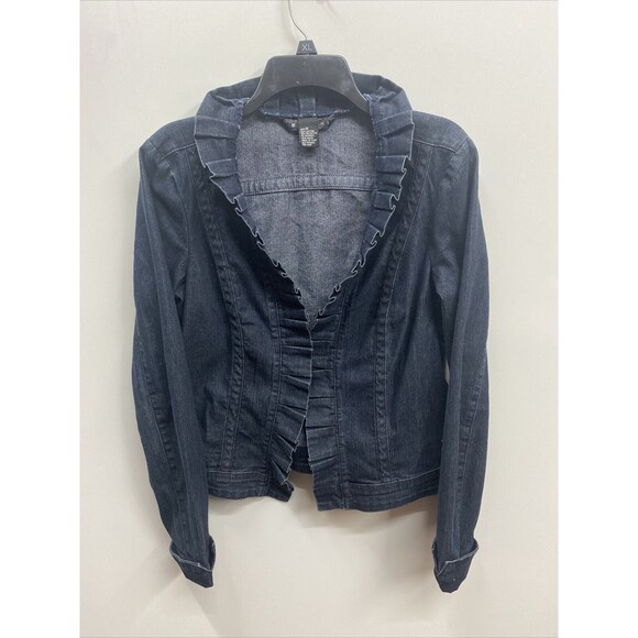 BACCINI Jackets & Blazers - Baccini Denim Jacket Womens Size M Cotton Stretch Ruffled Open Front Dark Wash